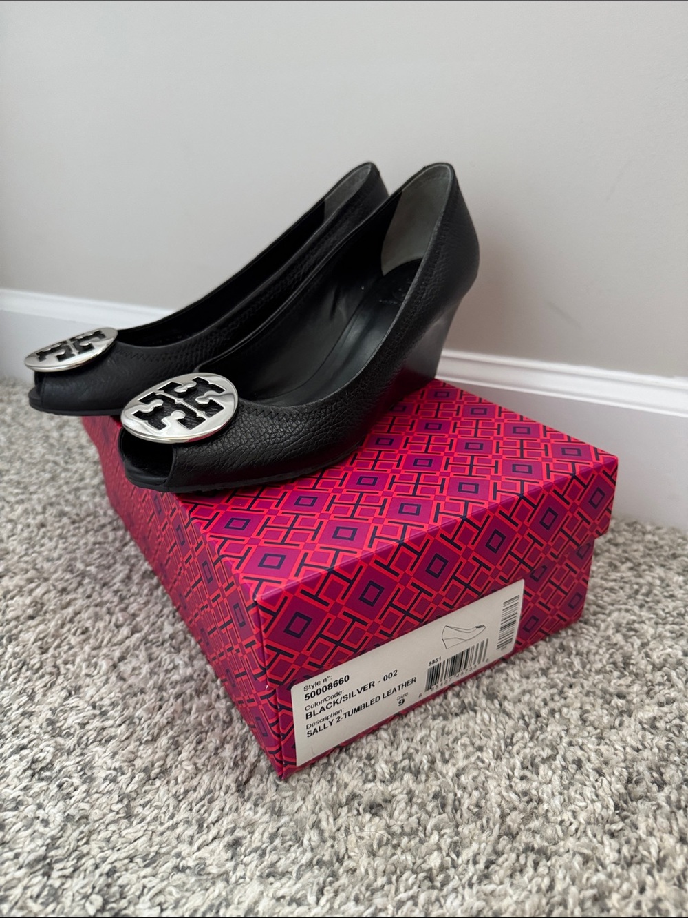Tory Burch Black sally Peep-Toe Wedges with Silver Logo tumbled leather 9
